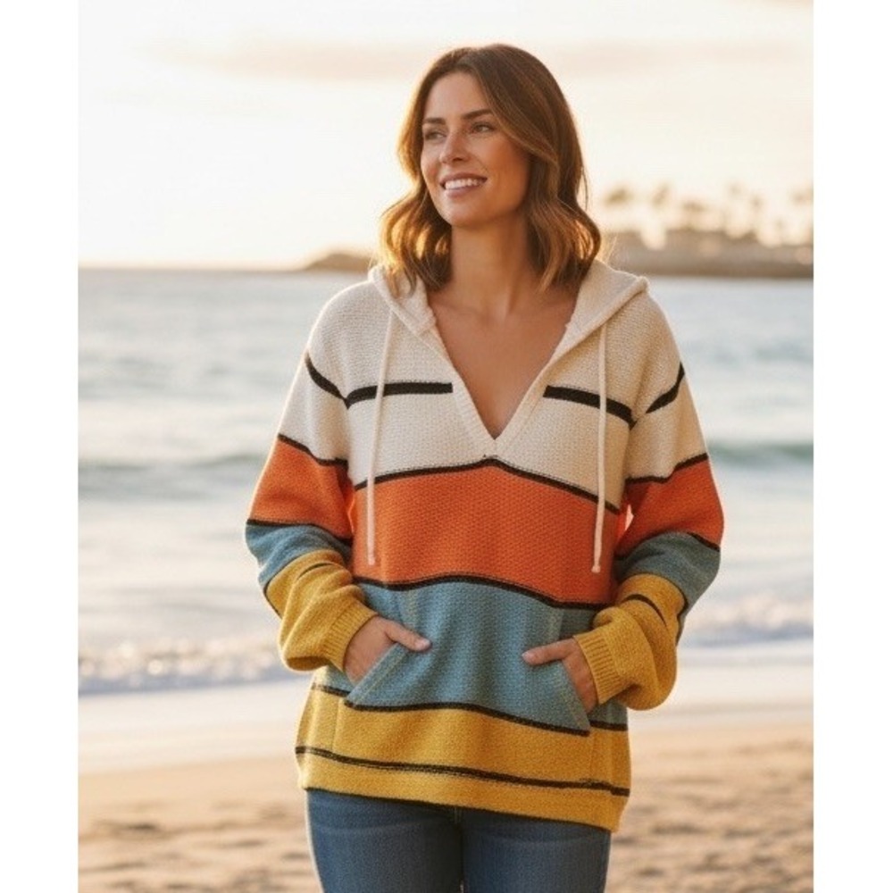 O'Neill Women's Beach Knitted Hoodie Pullover Striped V Neck Sweater Small